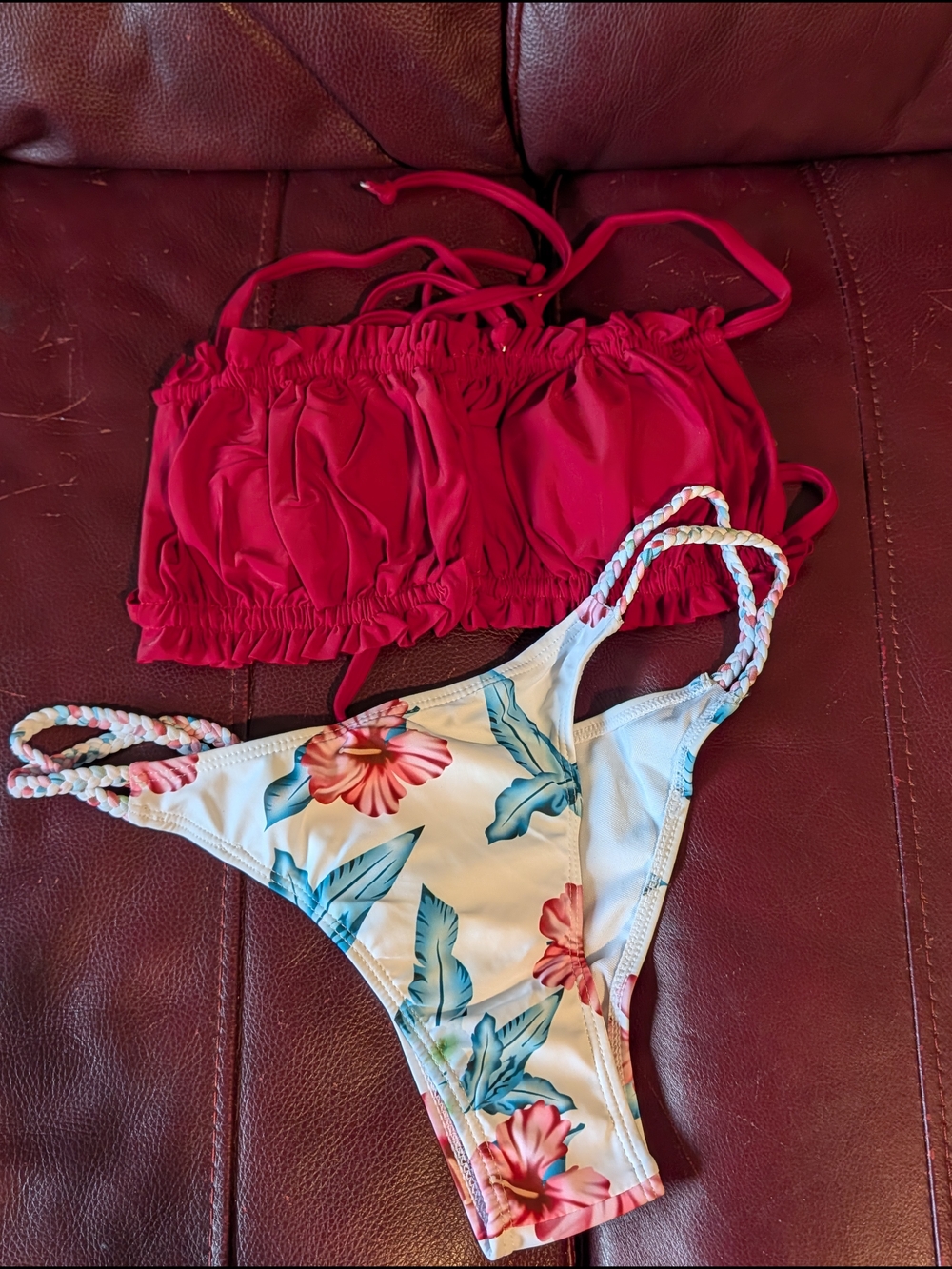 Two-Piece Bikini Set - Hot Pink Top & White Floral Bottom